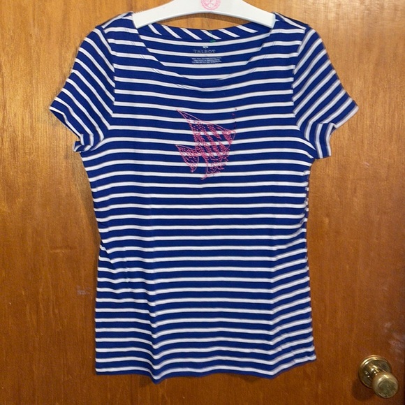 •TALBOTS•BLUE/WHITE STRIPED SHORT SLEEVE SEQUIN "FISH" TOP 🐠 SIZE MEDIUM EUC - Picture 3 of 5
